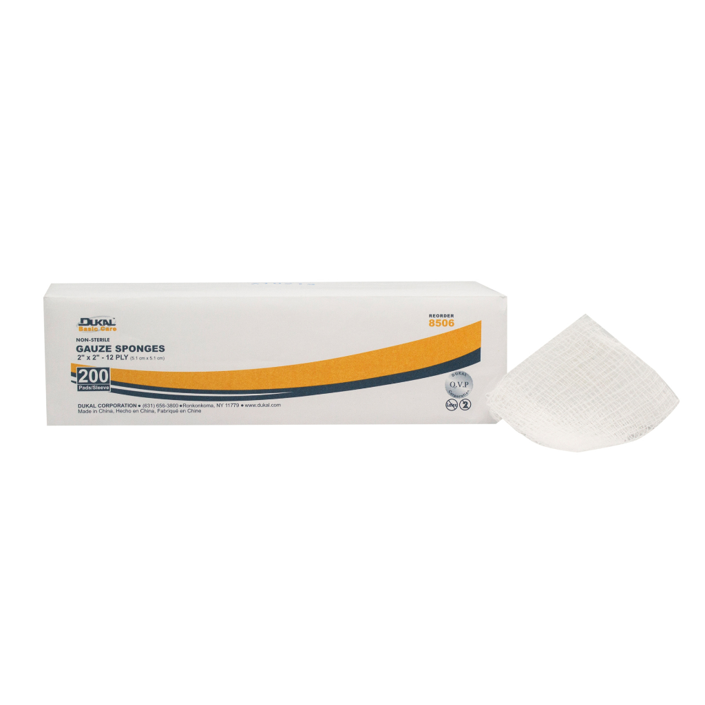 Dukal Basic Care Gauze Sponge 12 Ply Non-Sterile 2x2 8506 picture of packaging and sponge