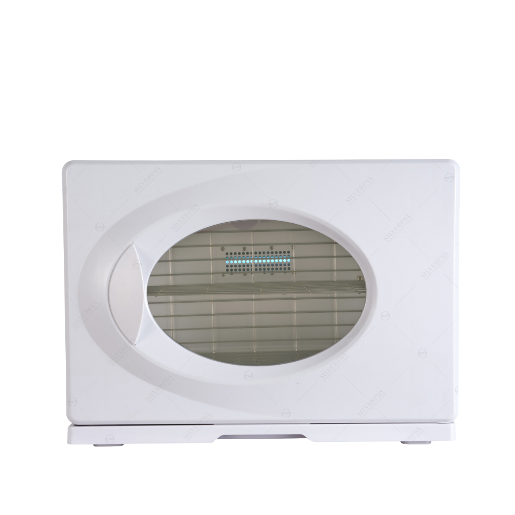 Silver Fox Hot Towel Cabinet Metal With UV Lamp Turned On Front  (T-03)